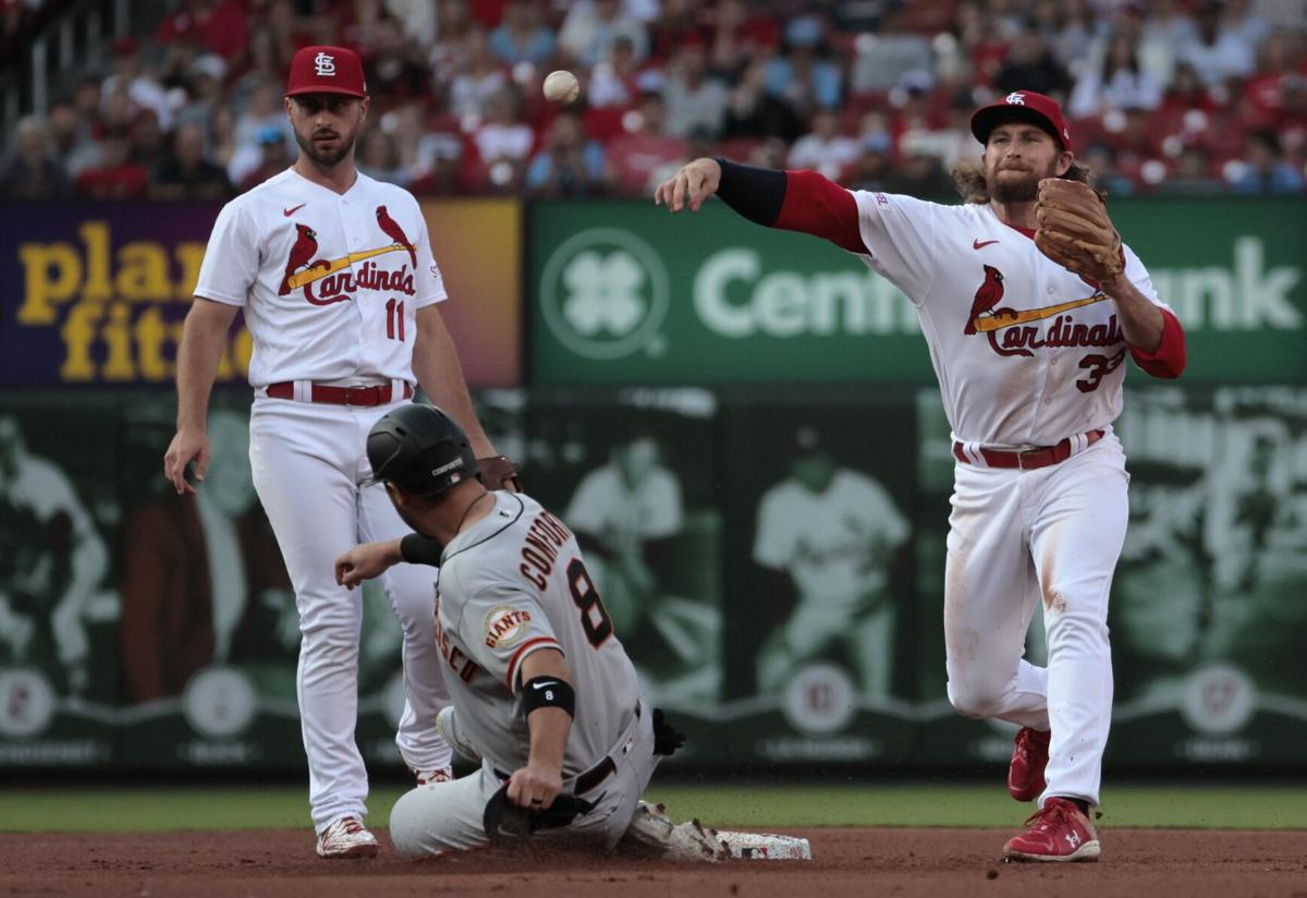 Oakland Athletics starting pitcher JP Sears drops a rosin bag after giving  up a two-run home run to St. Louis Cardinals' Paul Goldschmidt during the  fifth inning of a baseball game Monday