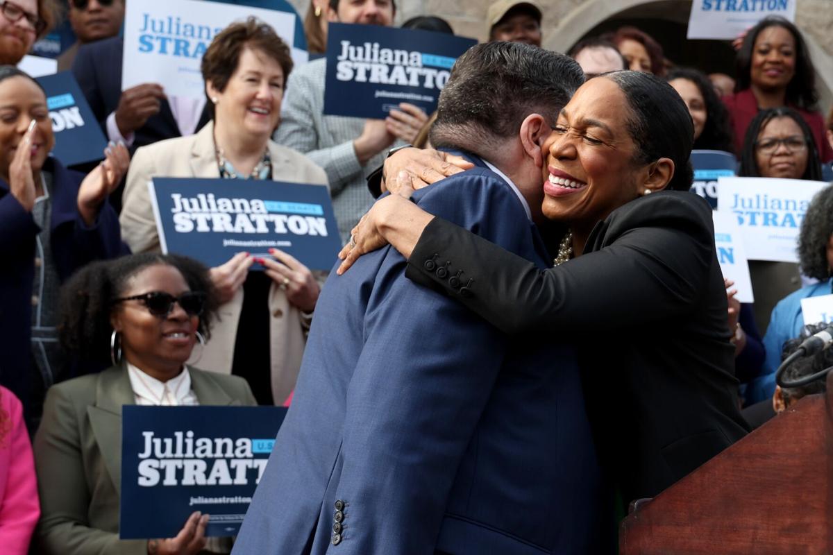 Lt. Gov. Juliana Stratton embraces Gov. JB Pritzker