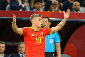 Belgium forward Leandro Trossard (10) reacts to a play during the second half against New Zealand during a Group G match in the 2026 FIFA World Cup at BC Place Vancouver in Vancouver, British Columbia.