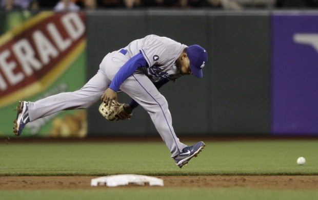 Los Angeles Dodgers shortstop Rafael Furcal, left, and center