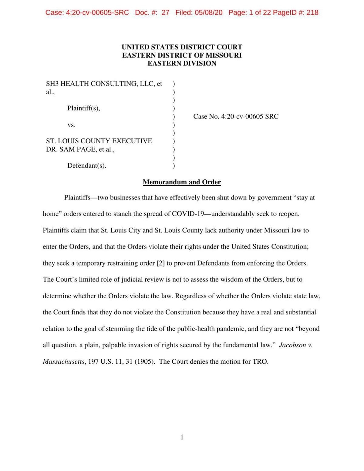 Judge Denies Restraining Order Says St Louis Stay At Home Orders Do Not Violate Business Constitutional Rights Coronavirus Stltoday Com