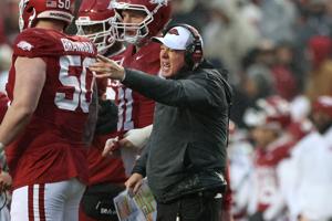 Nov 29, 2025; Fayetteville, Arkansas, USA; Arkansas Razorbacks interim head coach Bobby Petrino argues a call during the second quarter against the Missouri Tigers at Donald W. Reynolds Razorback Stadium. Mandatory Credit: Nelson Chenault-Imagn Image