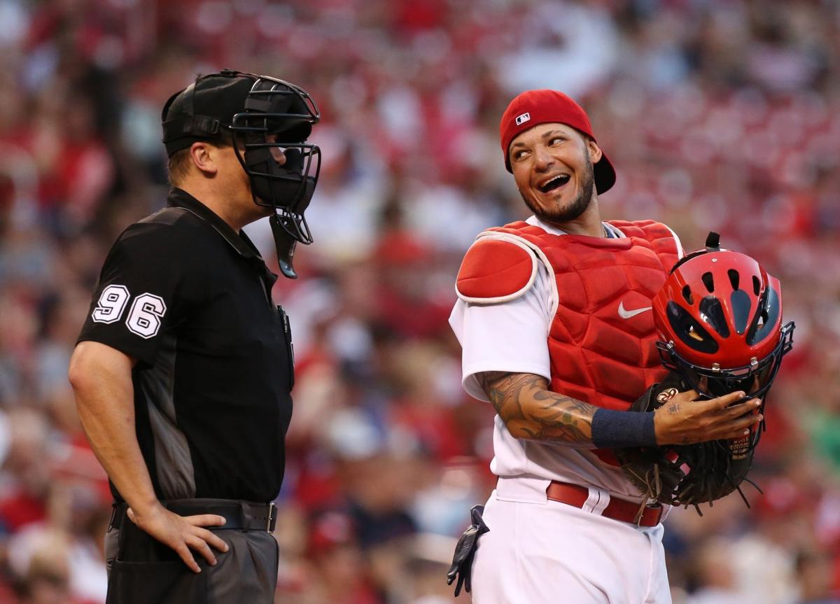 St. Louis Cardinals catcher Yadier Molina throws the baseball in during the  fifth inning against the Los Angeles Ddogers at Busch Stadium in St. Louis  on April 9, 2019. Photo by Bill