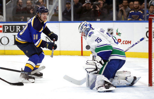 St. Louis Blues' Robert Bortuzzo in action during the first period of a  preseason NHL hockey game against the Columbus Blue Jackets Thursday, Sept.  29, 2022, in St. Louis. (AP Photo/Jeff Roberson