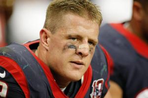Oct 14, 2012; Houston, TX, USA; Houston Texans defensive end J.J. Watt (99) shows emotion during a game against the Green Bay Packers in the third quarter at Reliant Stadium. The Packers defeated the Texans 42-24. Mandatory Credit: Brett Davis-USA TO