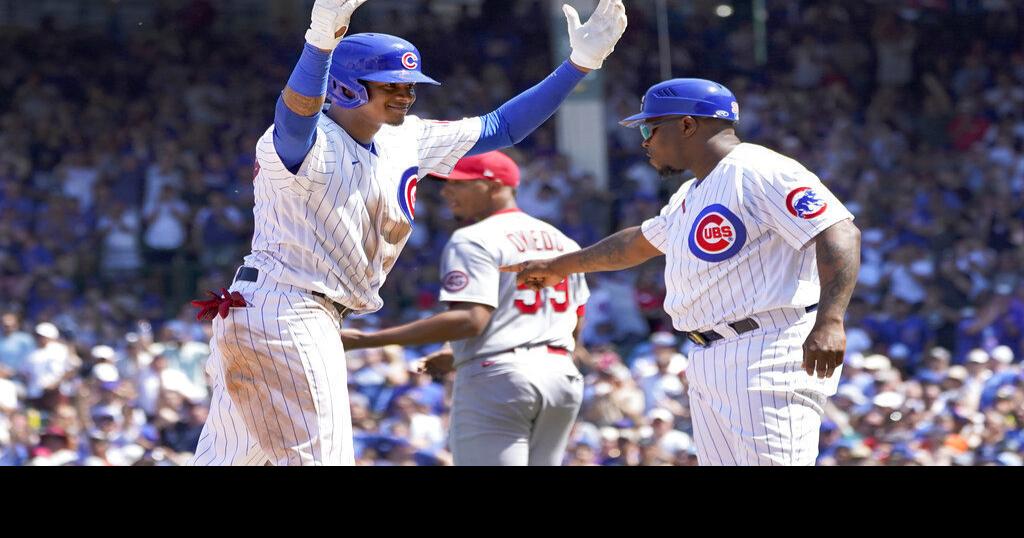 Full house Cards fall: Cubs capitalize on misplays to erase four run