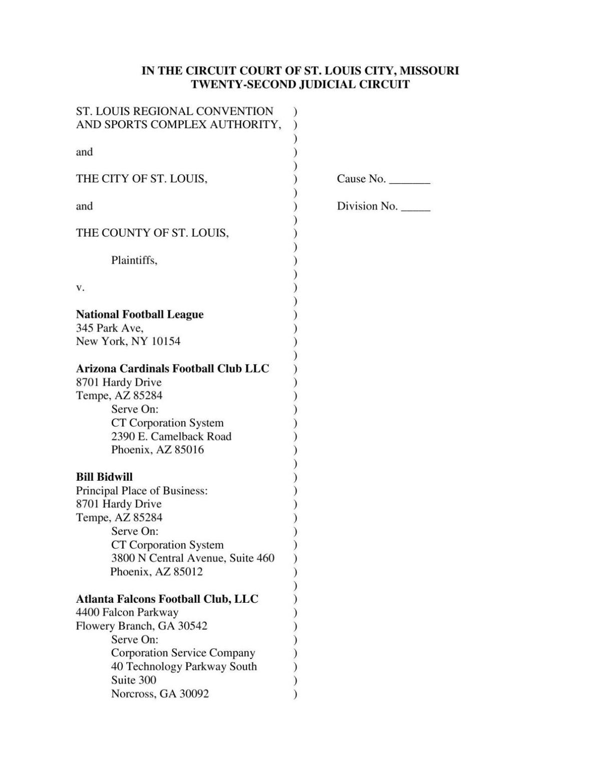 PDF: St. Louis, St. Louis County lawsuit filed against NFL