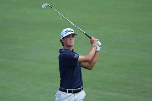 Aug 6, 2026; Greensboro, North Carolina, USA; Jackson Koivun watches his second shot on the ninth hole during the first round of the Wyndham Championship golf tournament. Mandatory Credit: Jim Dedmon-Imagn Images