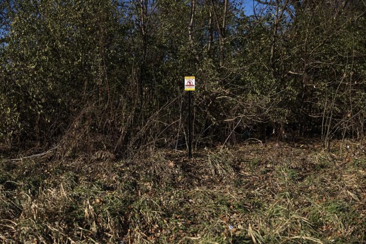 Contractors with the Army Corps of Engineers install signage along Coldwater Creek