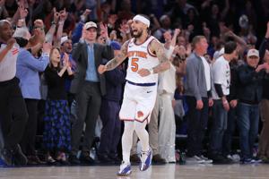 New York Knicks guard Jose Alvarado (5) reacts in the fourth quarter against the San Antonio Spurs during Game 4 of the NBA Finals.