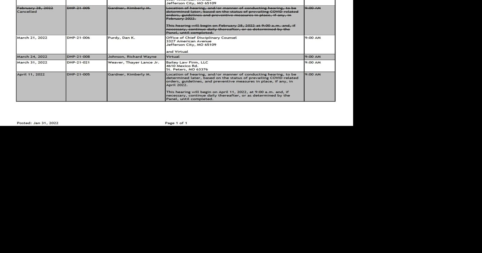 Calendar of disciplinary hearings
