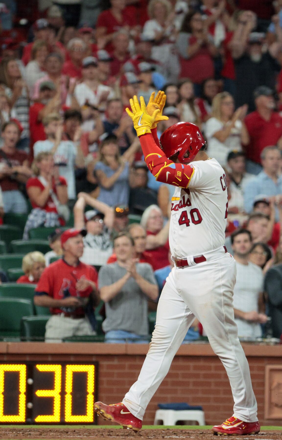 St. Louis Cardinals' Willson Contreras celebrates after hitting a solo home  run during the sixth inning of a baseball game against the Pittsburgh  Pirates Friday, Sept. 1, 2023, in St. Louis. (AP