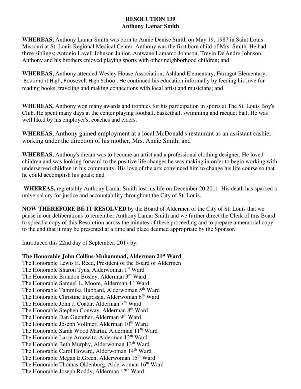 client letter to lost Anthony St. remembering aldermen Louis pass resolution