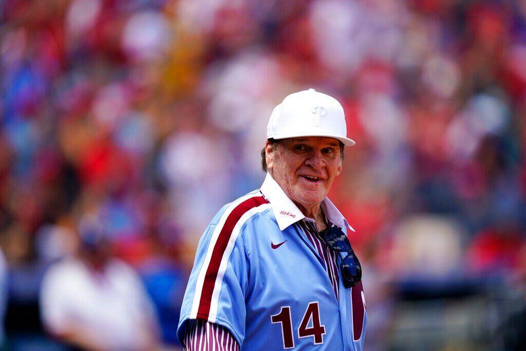 Pete Rose celebrates the Phillies' 1980 championship at Clearwater