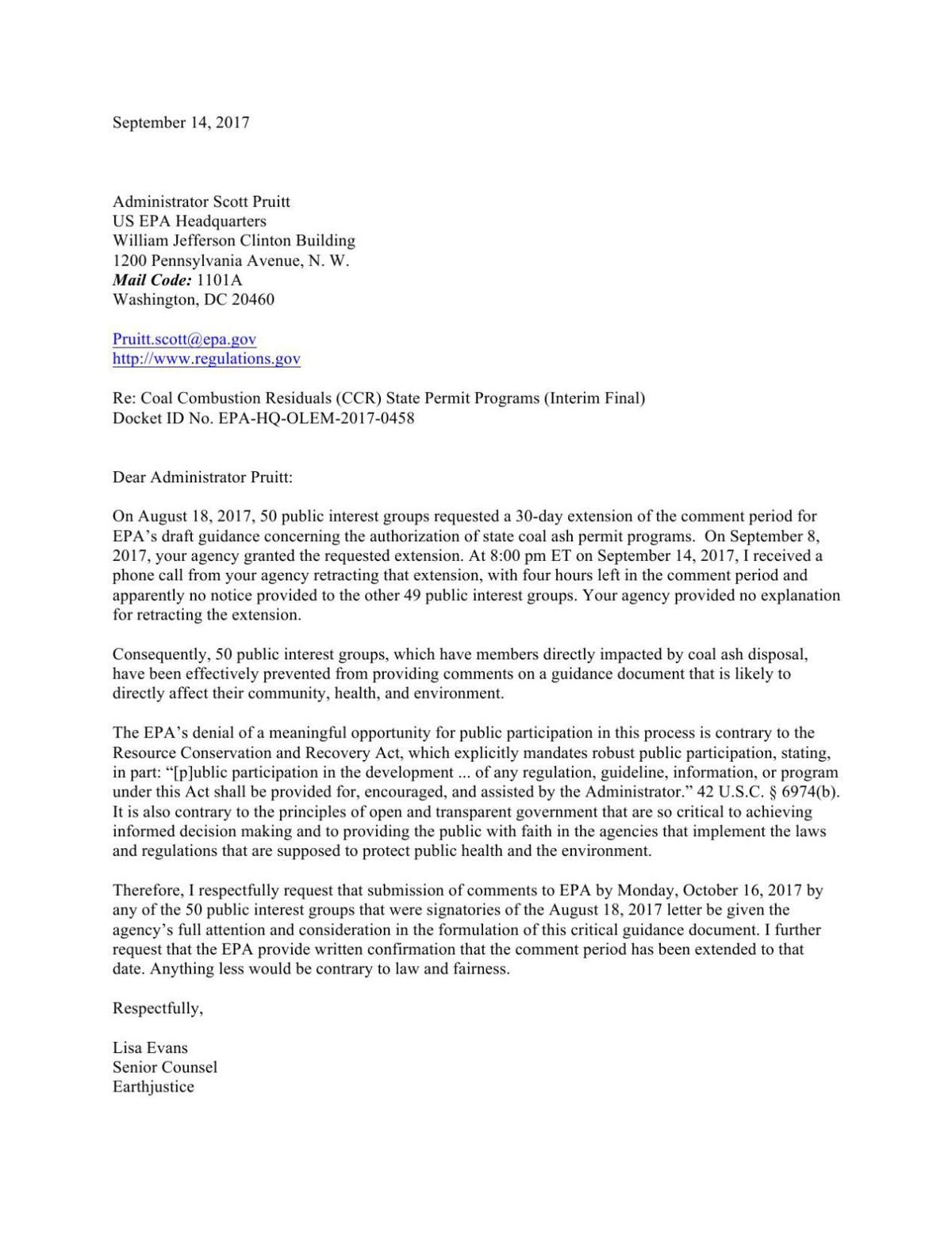 Letter Calls For Epa To Honor Original Coal Ash Comment Deadline
