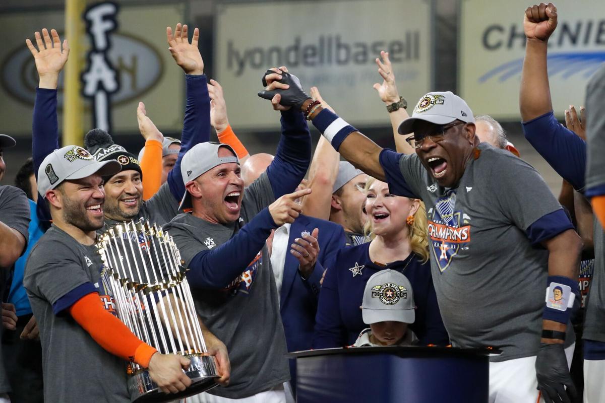 Houston Astros manager Dusty Baker celebrates a World Series win with his team following Game 6 at Minute Maid Park on Saturday, Nov. 5, 2022, in Houston.