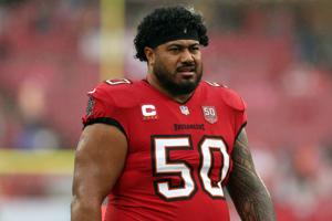 Jan 3, 2026; Tampa, Florida, USA; Tampa Bay Buccaneers defensive tackle Vita Vea (50) warms up before the game against the Carolina Panthers at Raymond James Stadium. Mandatory Credit: Nathan Ray Seebeck-Imagn Images