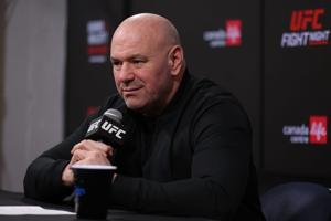 UFC CEO Dana White talks to the media after the fight between Gilbert Burns (red gloves) and Mike Malott (blue gloves) during UFC Fight Night at Canada Life Centre on Apr 18, 2026.