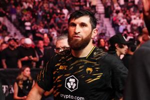 UFC fihter Magomed Ankalaev stands in the Octagon during UFC 320 at T-Mobile Arena in Las Vegas, Nevada.