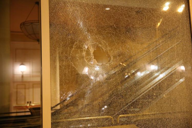 Broken glass on downtown streets