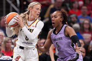 Golden State Valkyries forward Kayla Thornton (5) guards Indiana Fever guard Sophie Cunningham (8) on Wednesday, July 15, 2026,