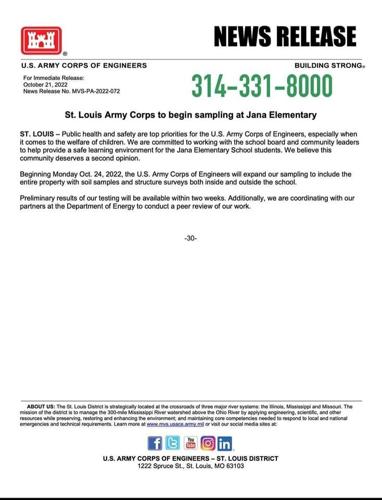 Army Corps to begin sampling at Jana Elementary on Monday, Oct. 24