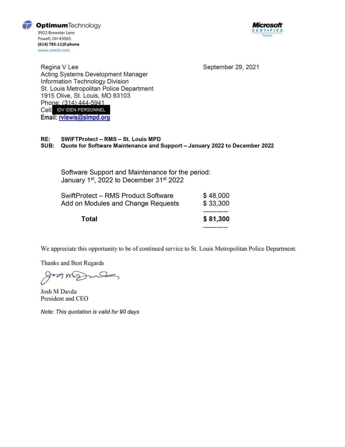 Read the quote for software maintenance and support
