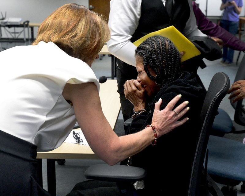 Mother of Sonya Massey, Donna Massey, reacts with tears  Friday July 31, 2026 after the Prisoner Review Board turned down Sean Grayson from getting out early from his prison sentence because of his cancer.