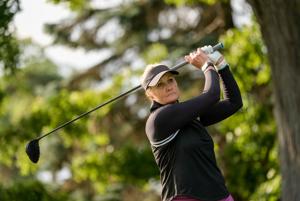 Maria McBride watches her tee shot at the second hole during the third round of the 2026 U.S. Senior Women's Open at Barton Hills Country Club in Ann Arbor on Saturday, Aug. 22, 2026.