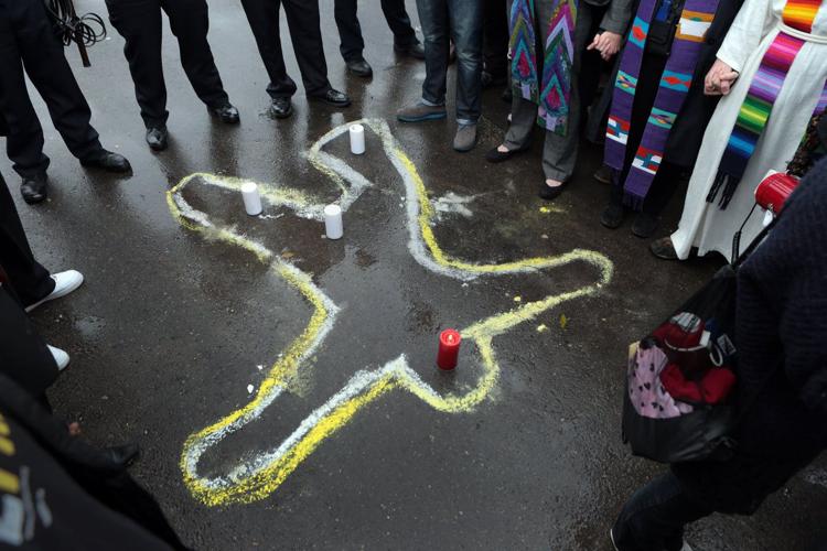 Clergy demonstrates at Ferguson Police Department