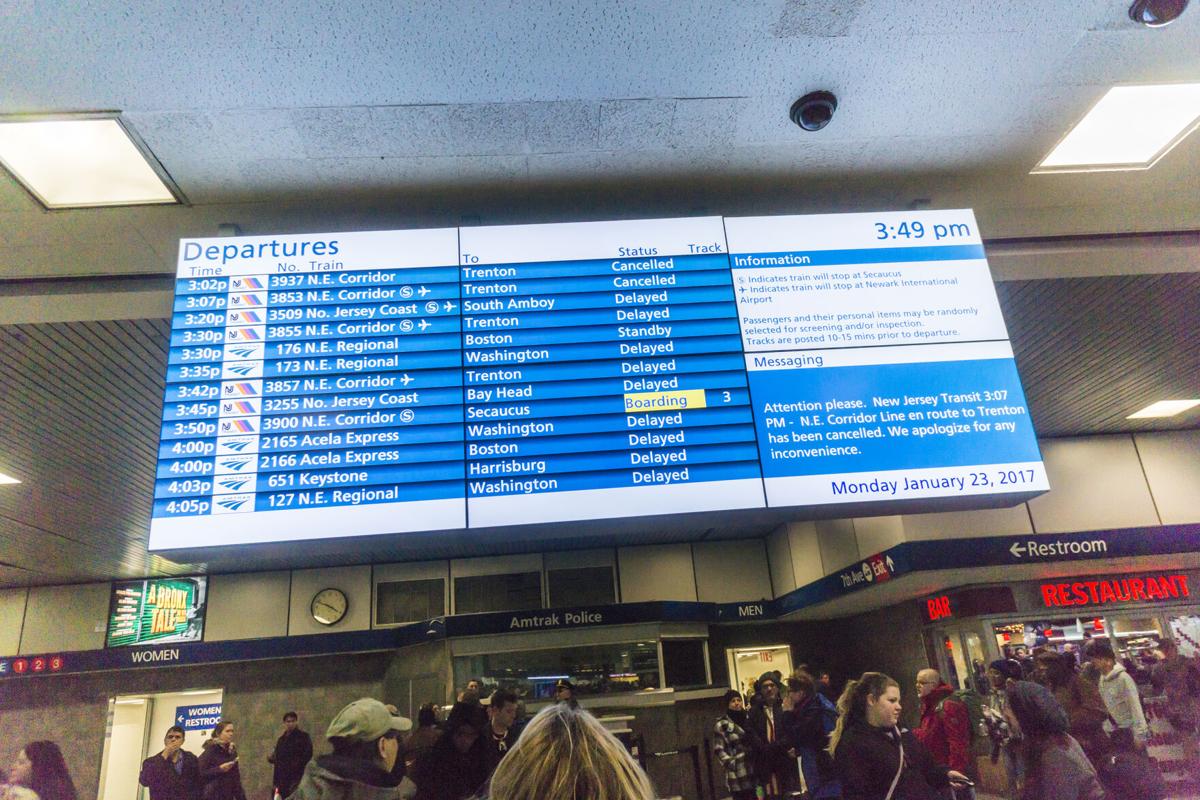 A digital Amtrak and NJ Transit departure board in Penn Station in New York on Jan. 23, 2017. Amtrak is implementing new personal safety measures to protect passengers in the era of COVID-19.