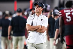 Sep 6, 2025; Columbia, South Carolina, USA; South Carolina Gamecocks head coach Shane Beamer directs his team against the South Carolina State Bulldogs in the second quarter at Williams-Brice Stadium. Mandatory Credit: Jeff Blake-Imagn Images
