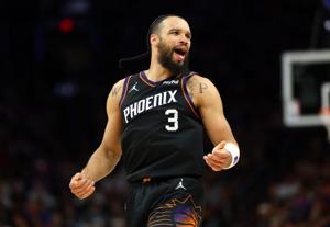 Apr 27, 2026; Phoenix, Arizona, USA; Phoenix Suns forward Dillon Brooks (3) against the Oklahoma City Thunder during game four of the first round of the 2026 NBA Playoffs at Mortgage Matchup Center. Mandatory Credit: Mark J. Rebilas-Imagn Images