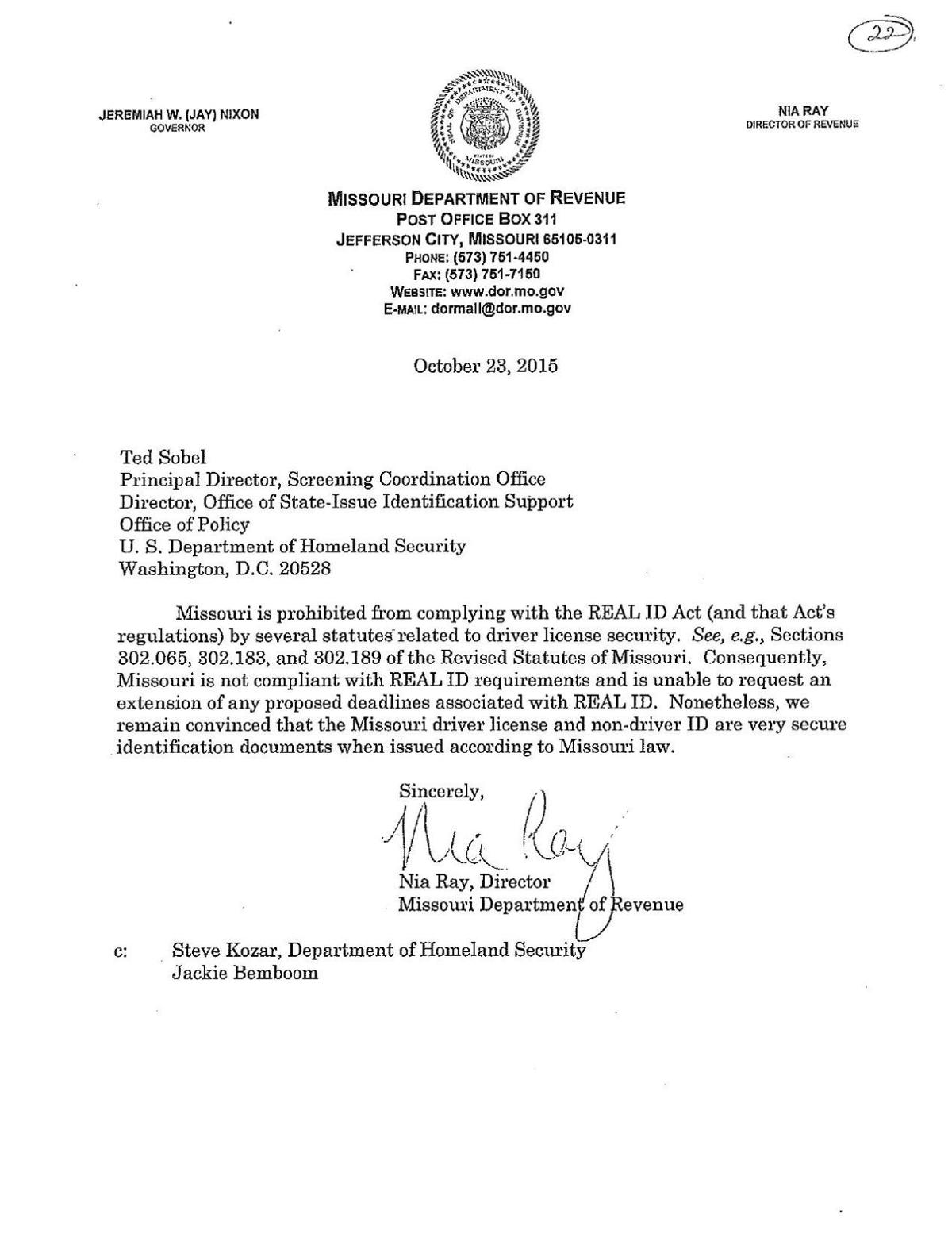 Letter from Department of Revenue to Homeland Security
