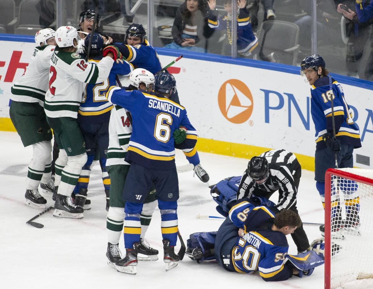 Binnington exits after match penalty, Blues drop drama-filled contest to  Wild 8-5 Midwest News - Bally Sports