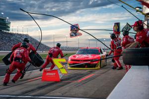NASCAR O'Reilly Auto Parts Series driver Justin Allgaier (7) makes a pit stop during the Sports Illustrated Resorts 250 at