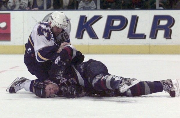 Rob Ray #32 - Blues' strong man Tony Twist sends Sabres' Rob Ray to the  hospital after that fight on November 27, 1995 at the Kiel Center in St.  Louis, Missouri. Too