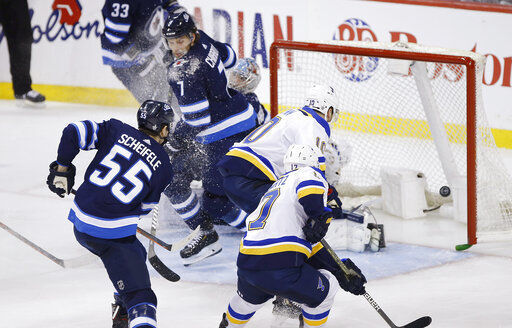 Scheifele, Hellebuyck lead Jets to 4-0 win over Blues