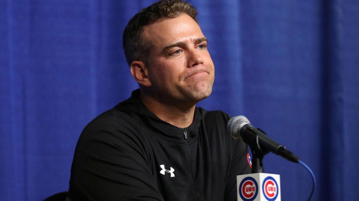 Theo Epstein, Chicago Cubs president of baseball operations, speaks to reporters as the season ends Oct. 3, 2018, at Wrigley Field in Chicago.