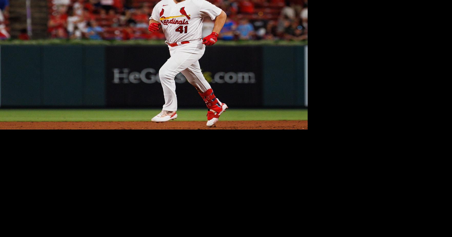Lars Nootbaar of the St. Louis Cardinals reacts to a called strike