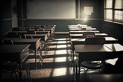 Classroom interior with empty chairs and tables.
