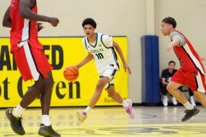 JL3's Abdul-Malik Olajuwon (10) dribbles during the third day of the 2026 Nike EYBL Peach Jam at Riverview Park Activities Center in North Augusta, S.C., on Thursday, July 16, 2026. JL3 defeated Drive Nation 61-59.