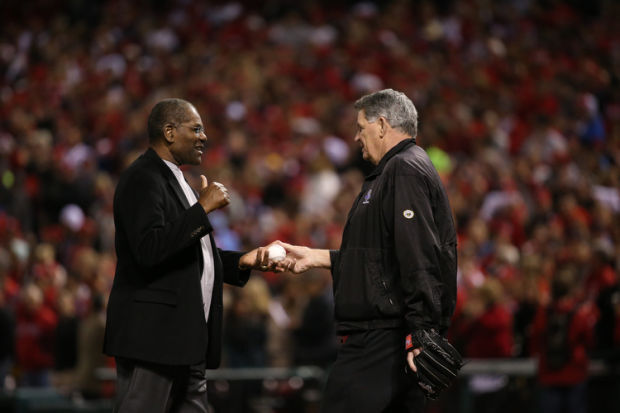 St. Louis Cardinals broadcaster Mike Shannon (L) greets Missouri