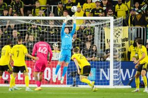 Columbus Crew goalkeeper Nicholas Hagen (1) makes save during the U.S. Open Cup soccer final against the St. Louis CITY SC at