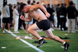 Vanderbilt quarterback Diego Pavia warms up during football pro day at Vanderbilt University in Nashville, Tenn., Friday, March