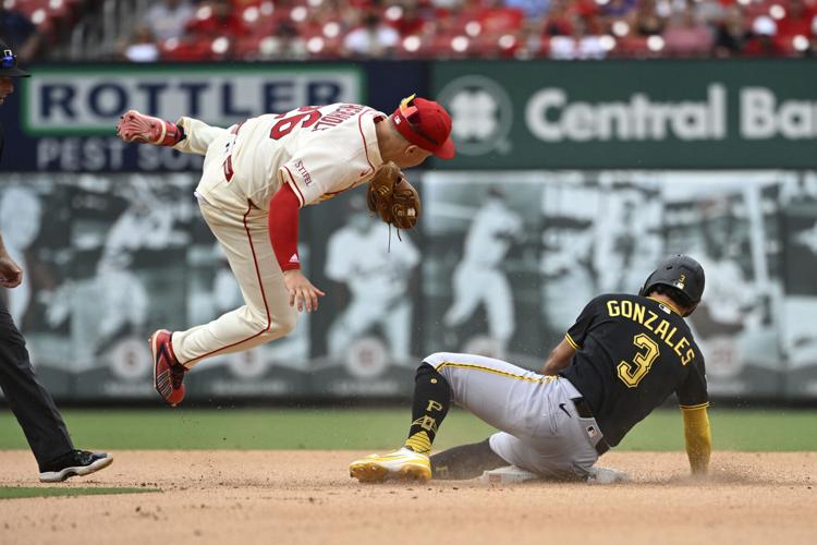Aug 29, 2026; �����Ӱ�ԭ��, Missouri, USA; Pittsburgh Pirates designated hitter Nick Gonzales (3) is tagged out stealing second base by �����Ӱ�ԭ�� Cardinals shortstop JJ Wetherholt (26) in the seventh inning at Busch Stadium. Mandatory Credit: Joe Puetz-Imagn Images