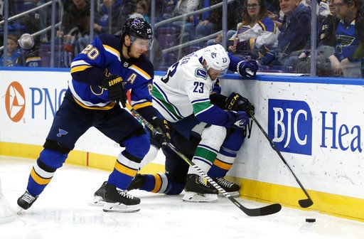 St. Louis Blues' Robert Bortuzzo in action during the first period of a  preseason NHL hockey game against the Columbus Blue Jackets Thursday, Sept.  29, 2022, in St. Louis. (AP Photo/Jeff Roberson