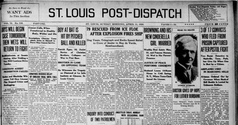 See the April 11, 1926, front page: Boy at bat is hit by pitched ball and killed