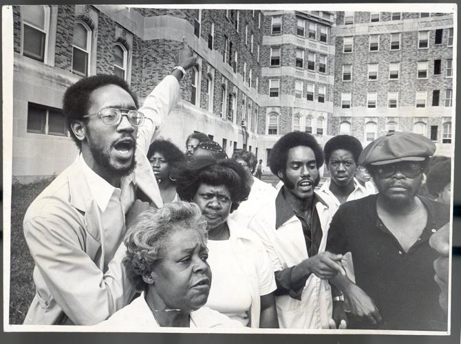 Protesters outside Homer G. Phillips Hospital, 1979