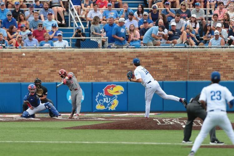 Oklahoma Sooners Brendan Brock (10) gets a hit off a pitch by Kansas Jayhawks Dominic Voegele (12) during the NCAA Lawrence Super Regional game at Hoglund Ballpark on June 6, 2026.